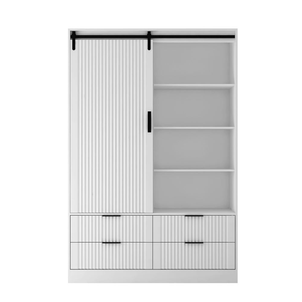 Chic White Wardrobe with Barn Door and Open Storage