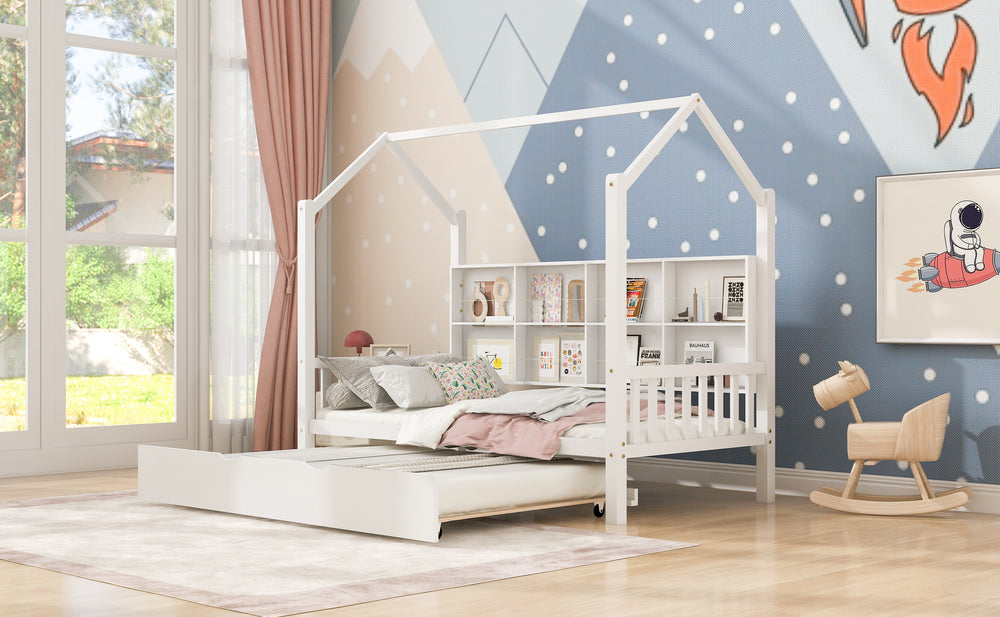 Cozy Wood House Bed with Trundle for Kids