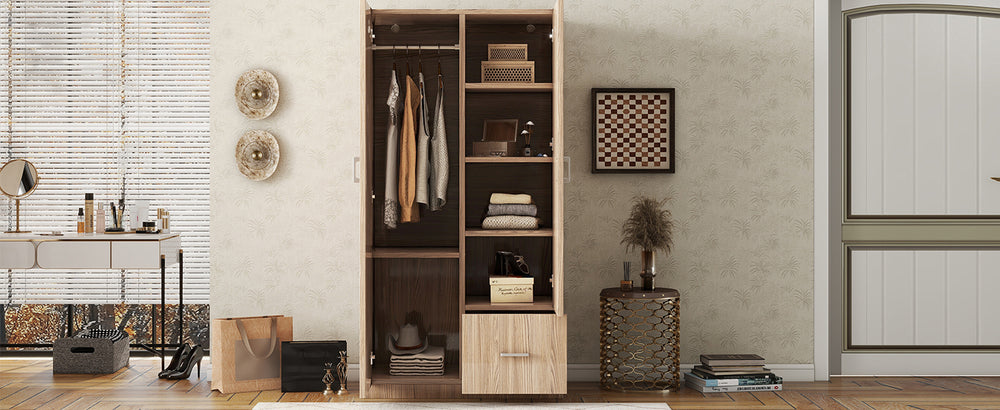 Natural Wooden Double Door Armoire with Shelves & Rod