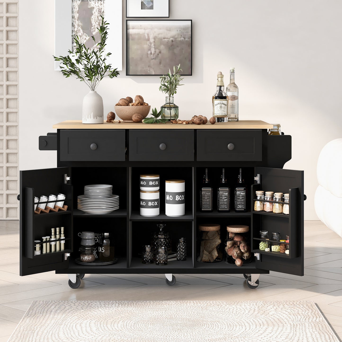 Versatile Black Kitchen Cart with Drop-Leaf Top and Storage Wheels