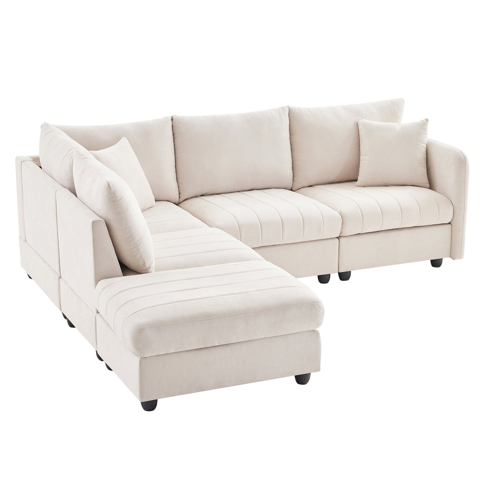 Chic Striped L-Shaped Sofa with Convertible Ottoman