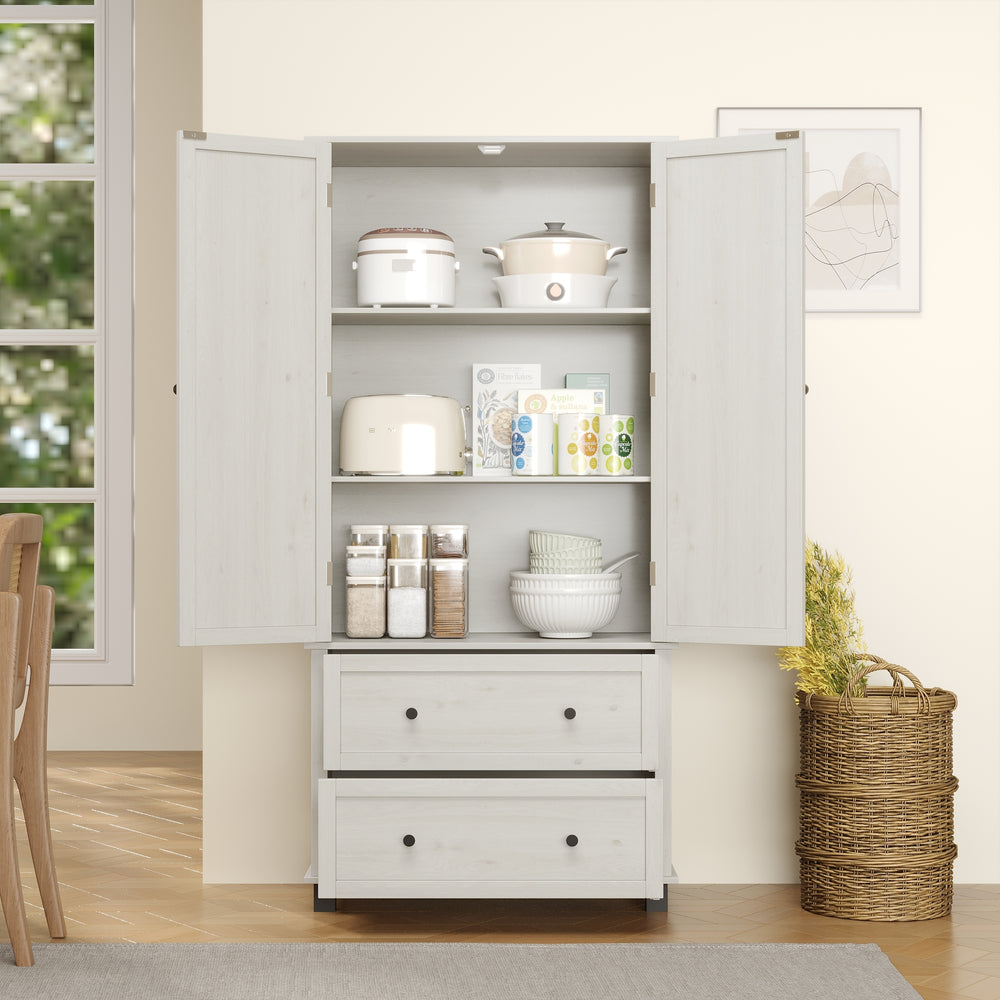 Elegant Pantry Storage Cabinet with Drawers and Shelves in Antique White