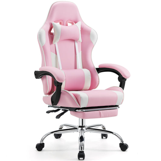 Comfy Gamer Chair with Footrest and Lumbar Support - Pink Ergonomic Recliner