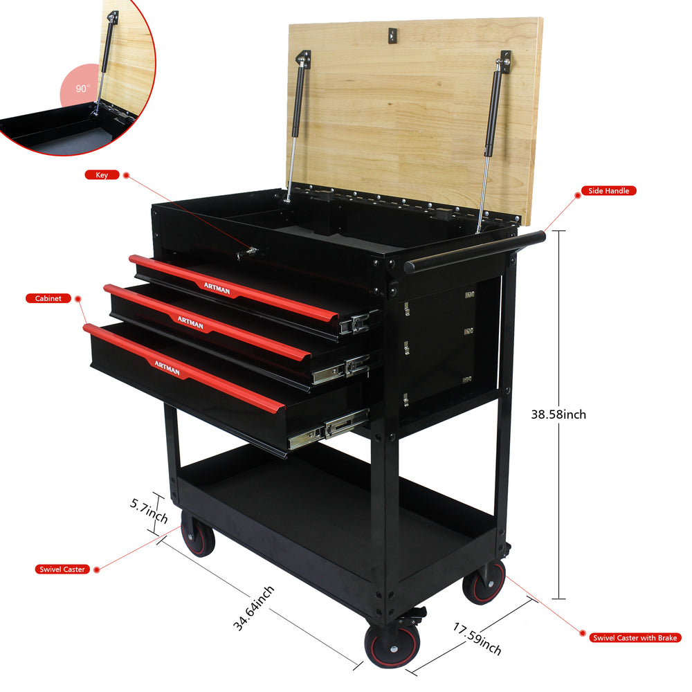 Rolling Tool Cart with Wooden Top and Storage Drawers