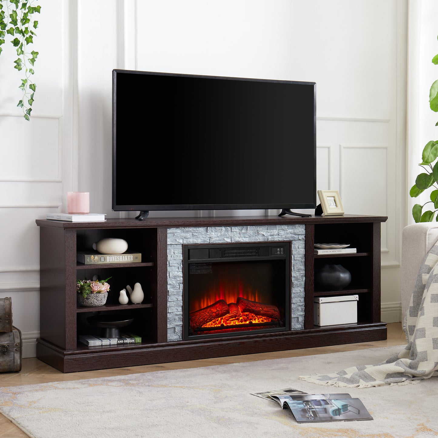 Cozy Cherry TV Stand with Faux Stone and Fireplace