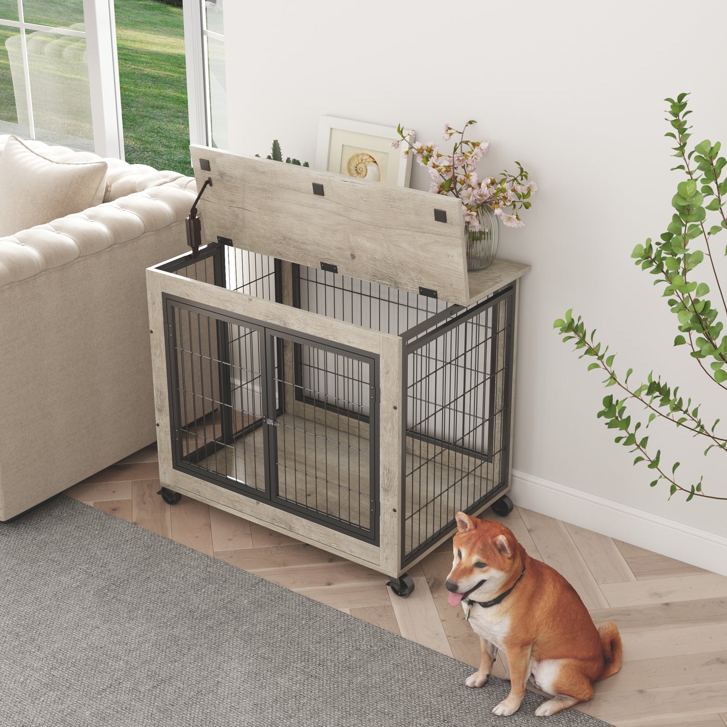 Stylish Rolling Dog Crate with Double Doors