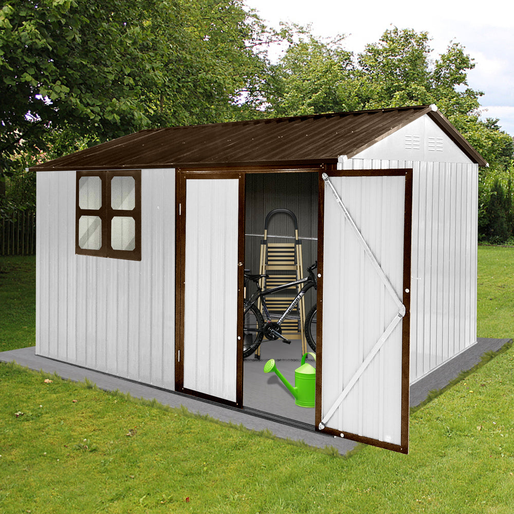 Chic White and Coffee Garden Shed with Windows