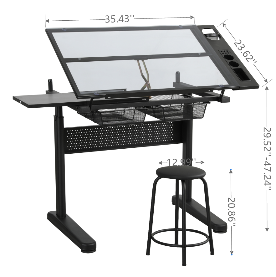 Versatile Hand-Crank Drafting Desk with Stool and Storage