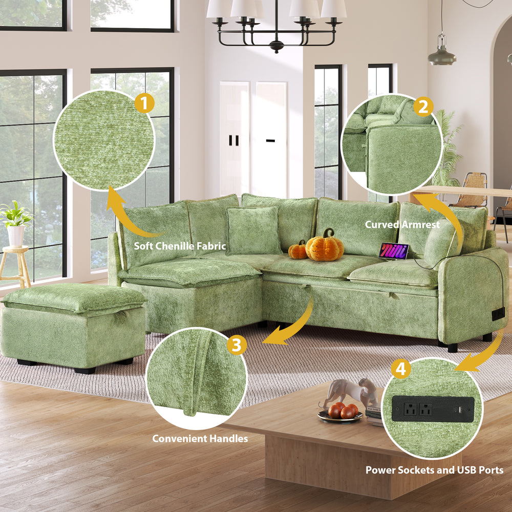 Cozy Green Convertible Sofa Bed with Storage & USB Charging