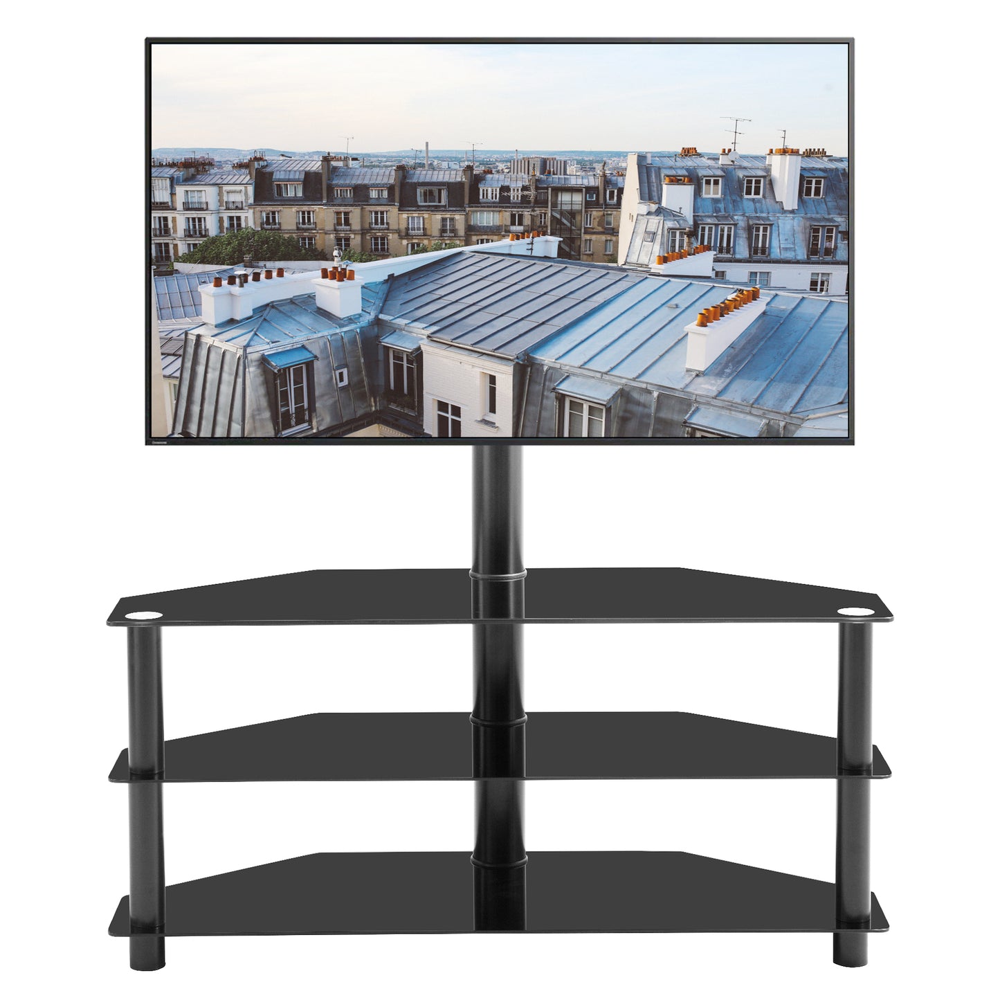 Versatile Black TV Stand with Adjustable Height and Swivel Design