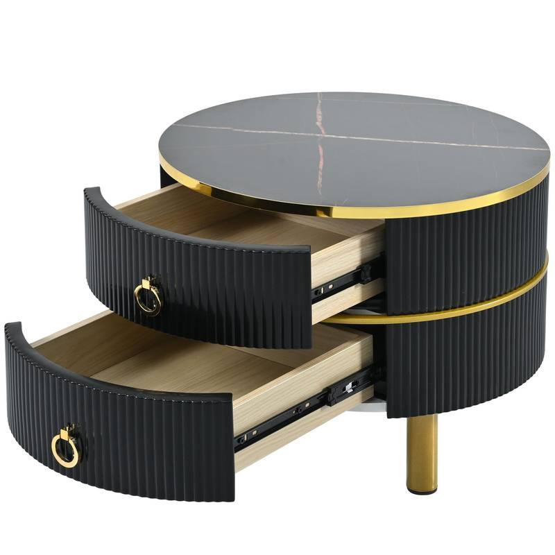 Chic Nesting Coffee Tables with Drawers - Sleek Round Design in Black and Brown Glass