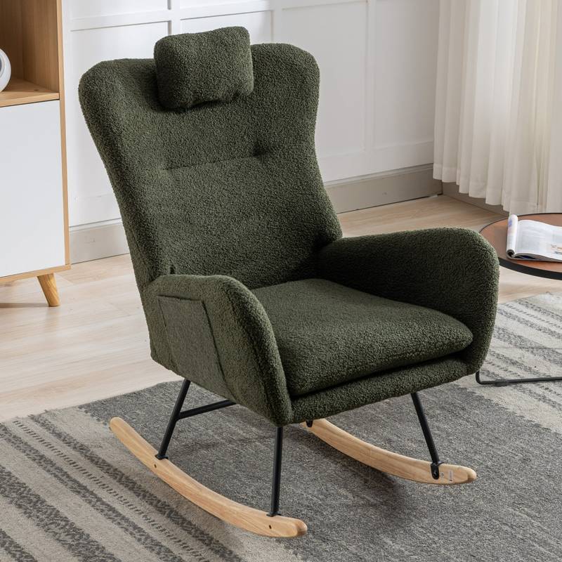 Cozy Rocking Chair with Pocket - Soft Teddy Fabric Glider in Dark Green