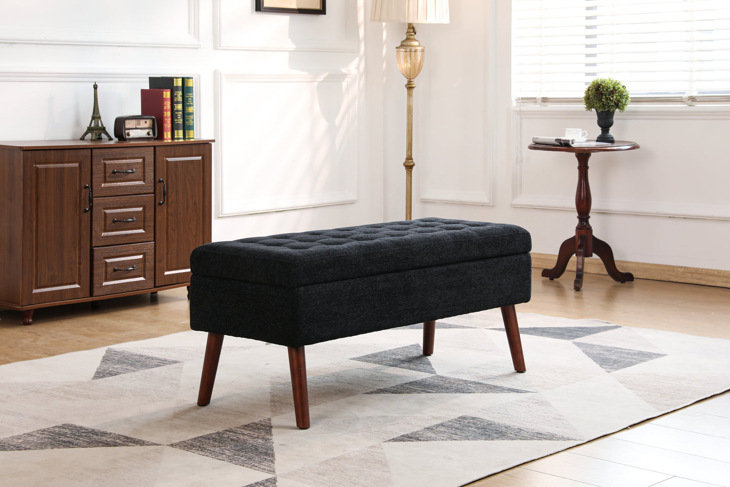 Chic Black Linen Storage Bench