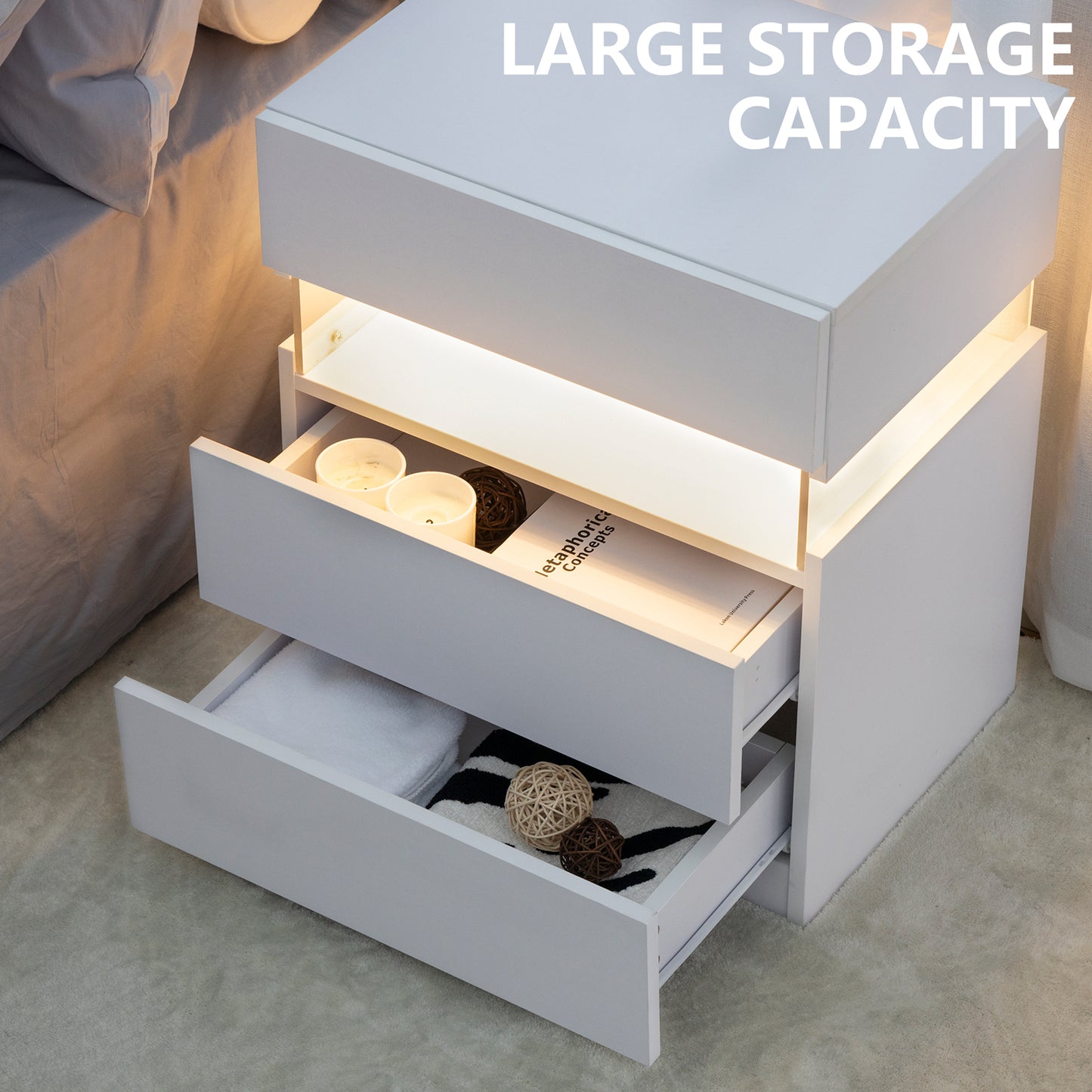 Glow Nightstand with Drawers – Modern LED Bedside Table in White