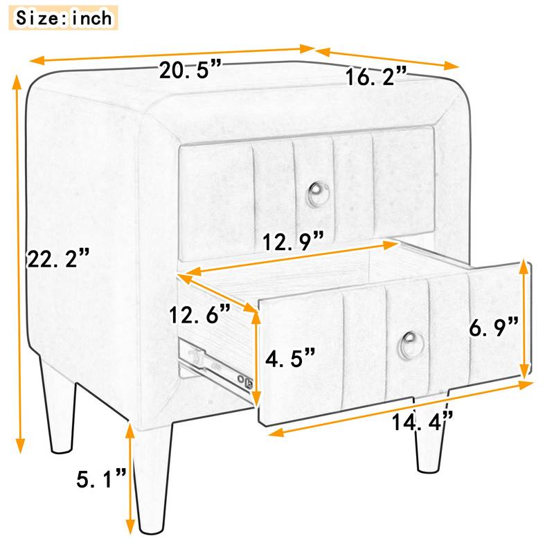 Velvet Gray Nightstand with Drawers