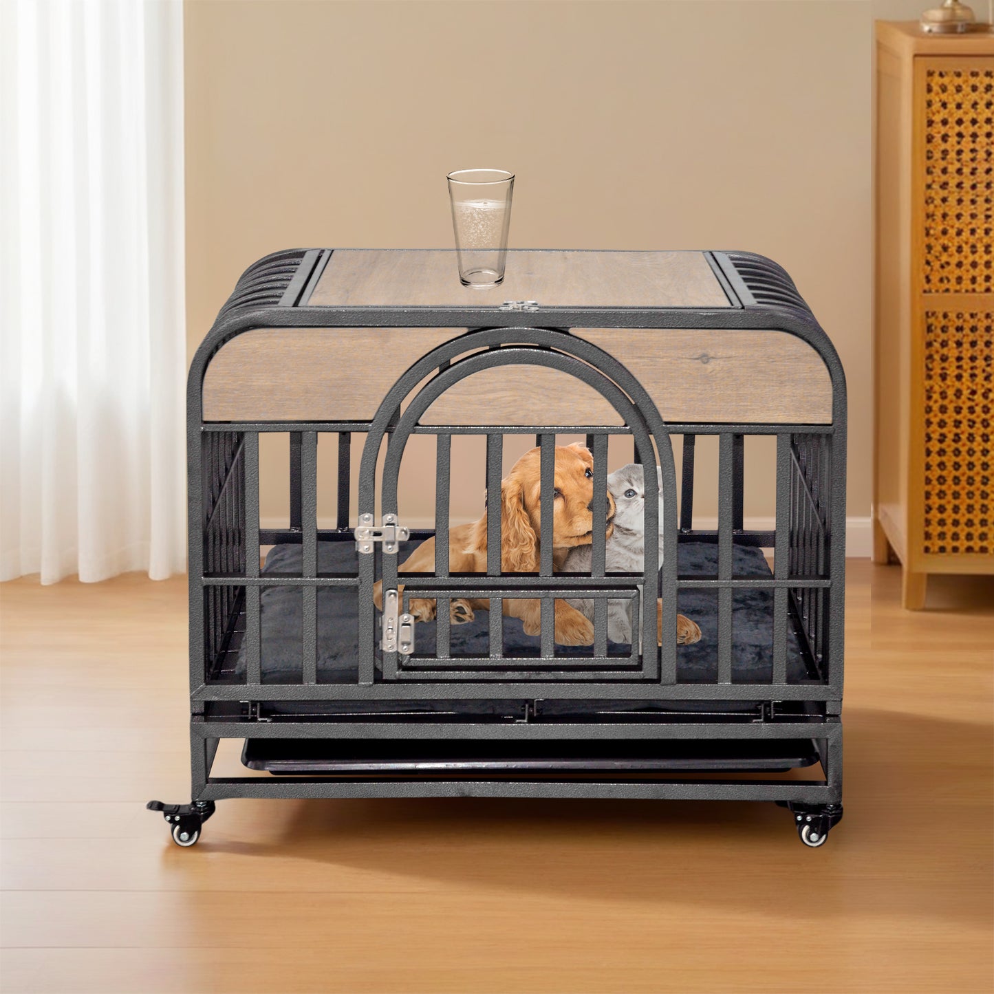 Stylish Heavy Duty Dog Crate with Wheels and Easy-Clean Trays