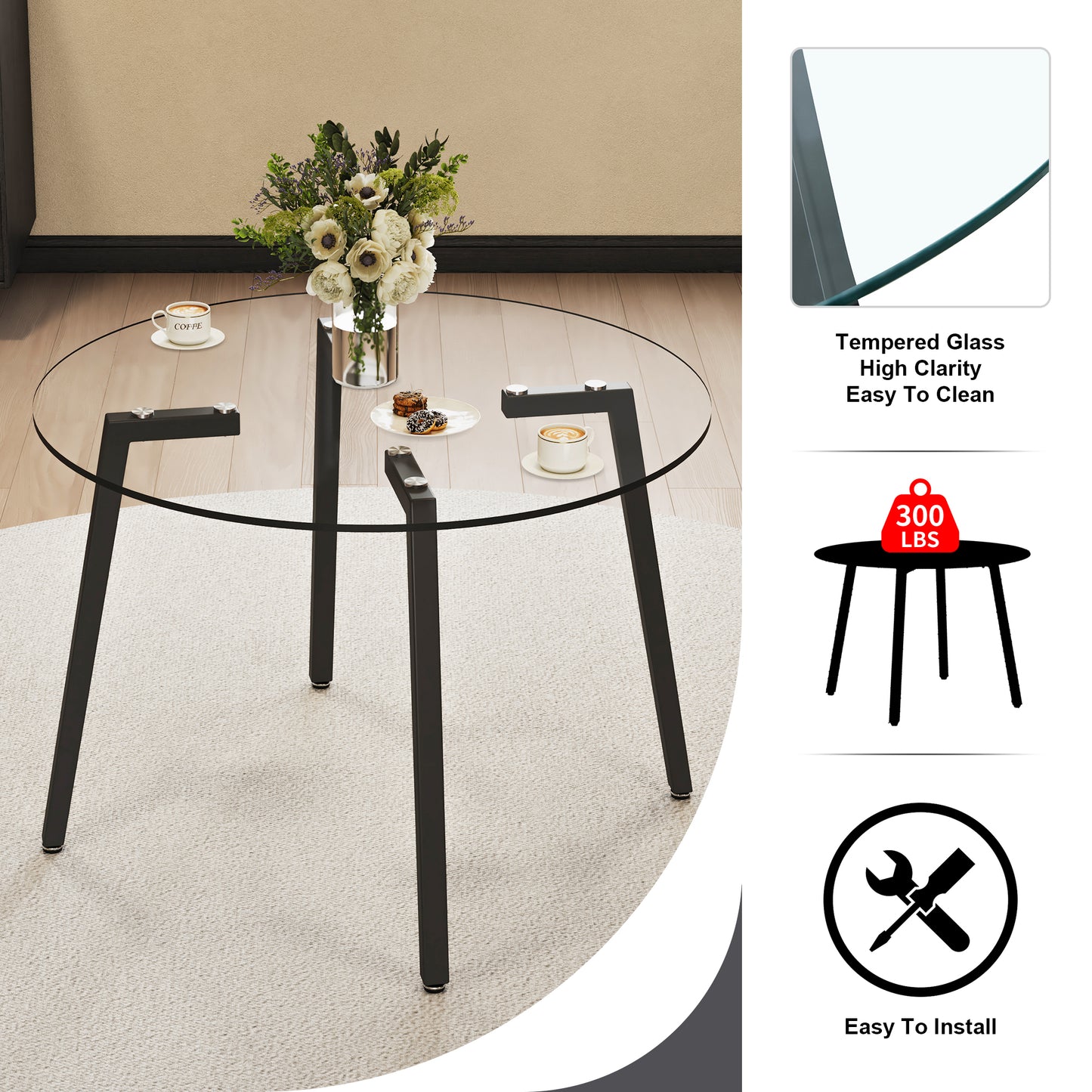 Chic Round Glass Dining Table with Black Metal Legs