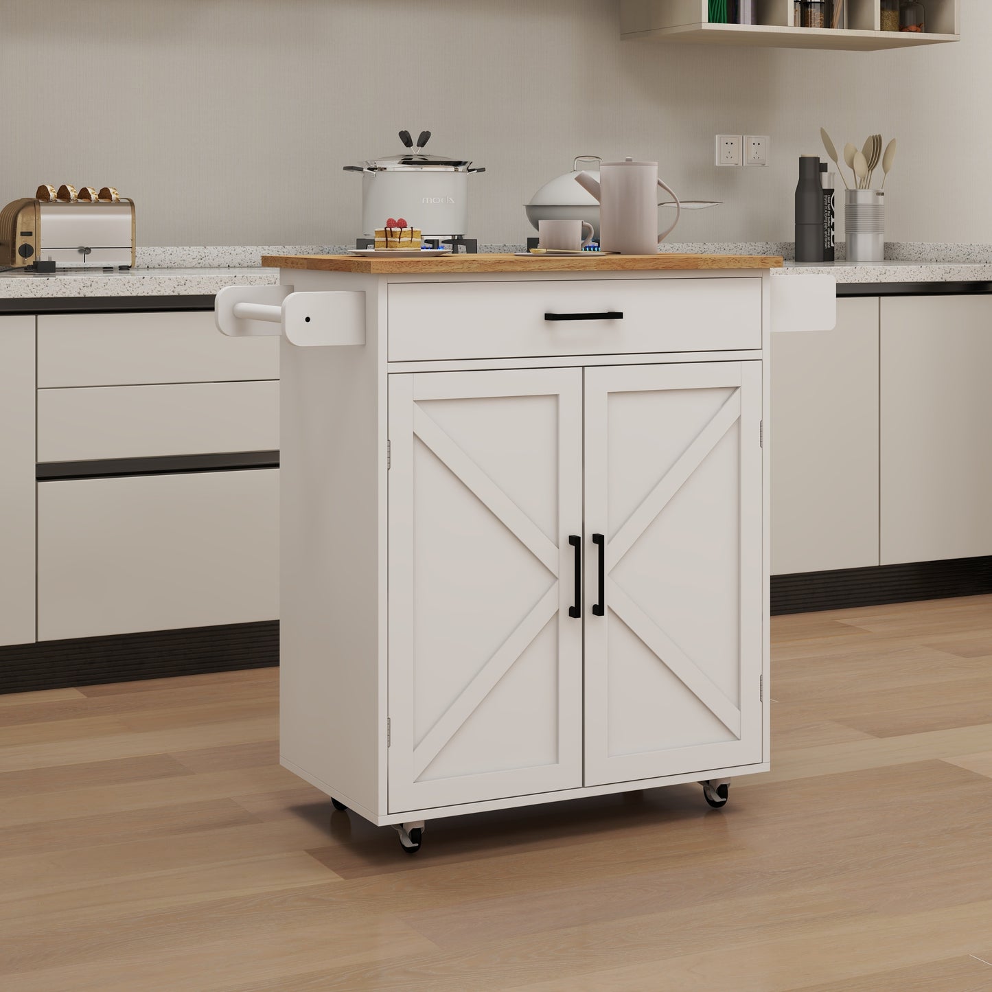 Versatile Rolling Kitchen Island Cart with Adjustable Shelves & Towel Rack - White