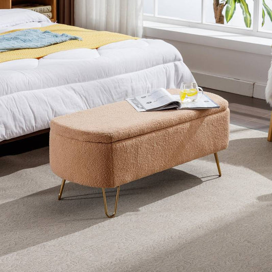 Cozy Camel Fur Storage Bench with Gold Legs
