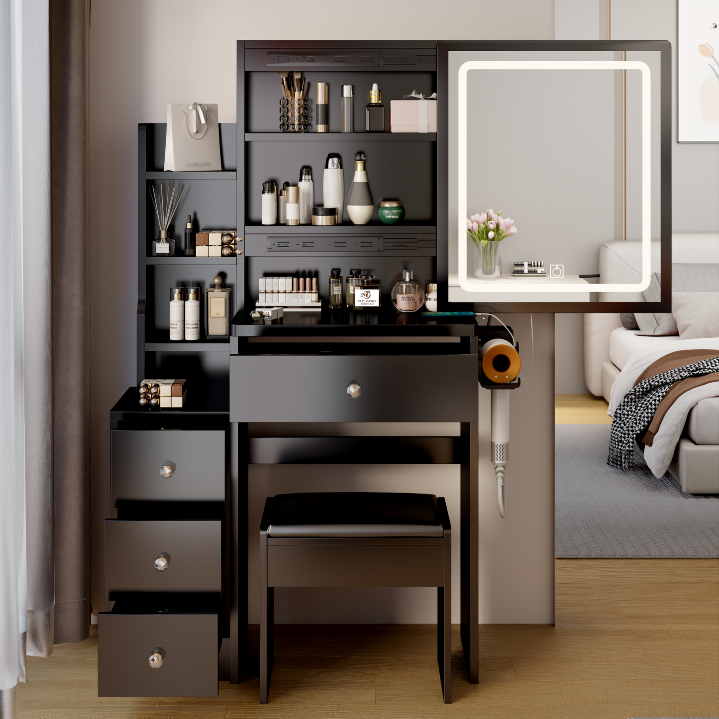 Chic Bedside Vanity with LED Mirror & Power Station