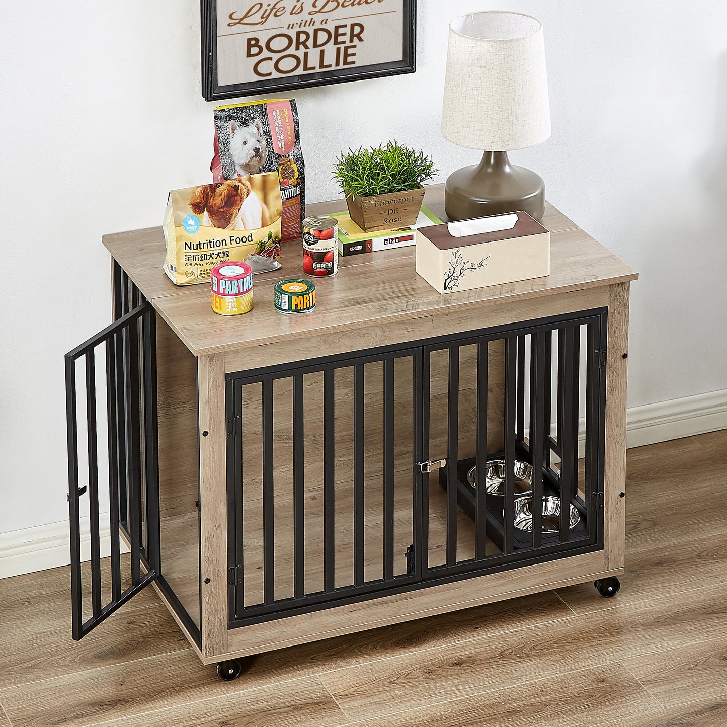 Chic Pet Crate Table with Feeding Station and Wheels