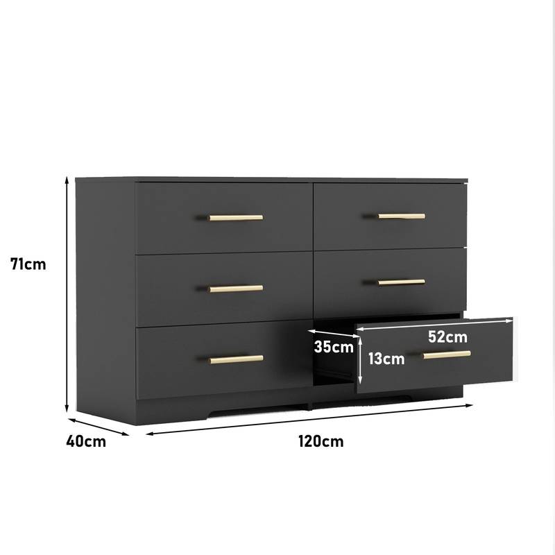 Elegant Black 6-Drawer Dresser with Gold Accents