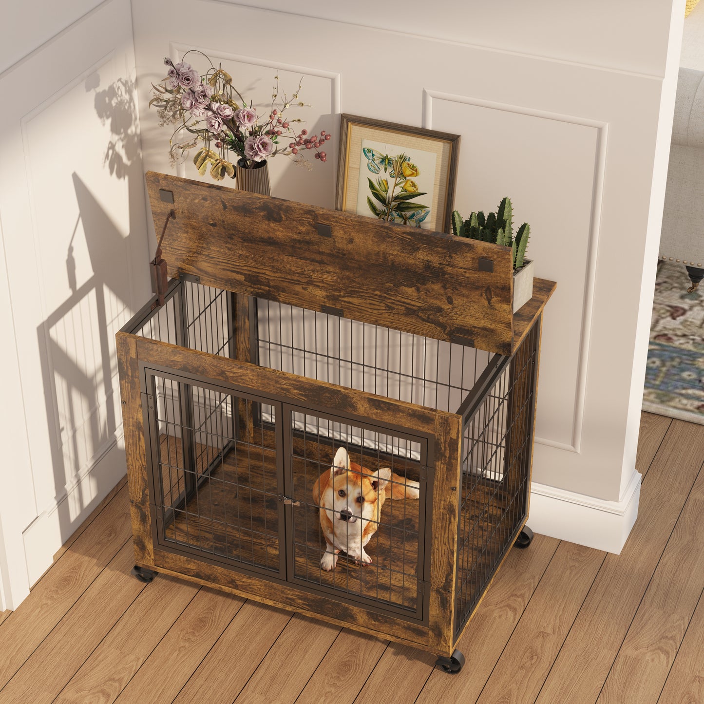 Rustic Dog Crate Side Table on Wheels