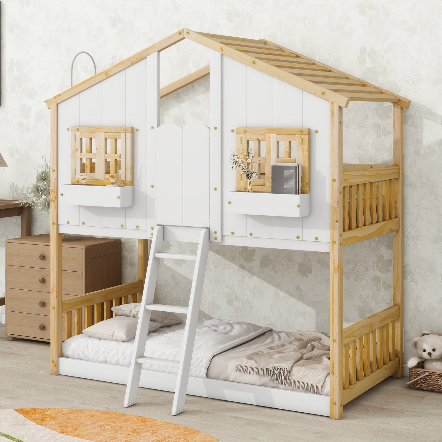 Cozy Cottage Bunk Bed with Roof and Guardrails