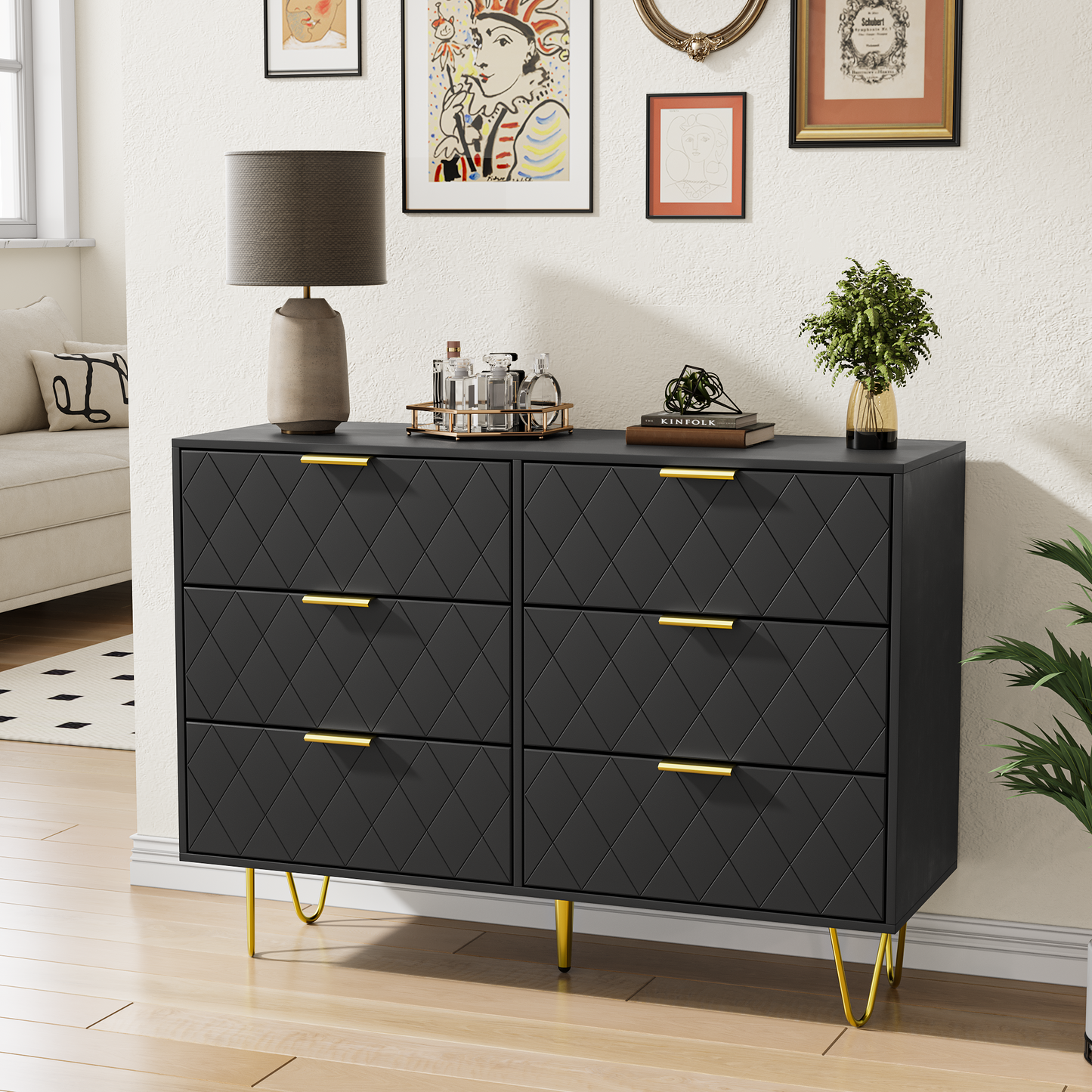 Sleek Black 6-Drawer Dresser with Gold Accents