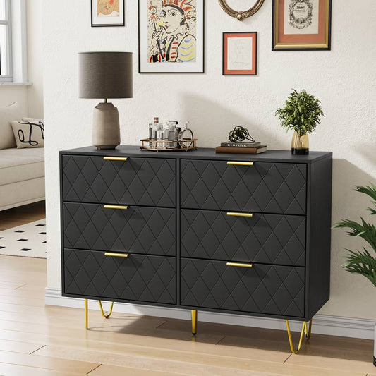 Sleek Black 6-Drawer Dresser with Gold Accents