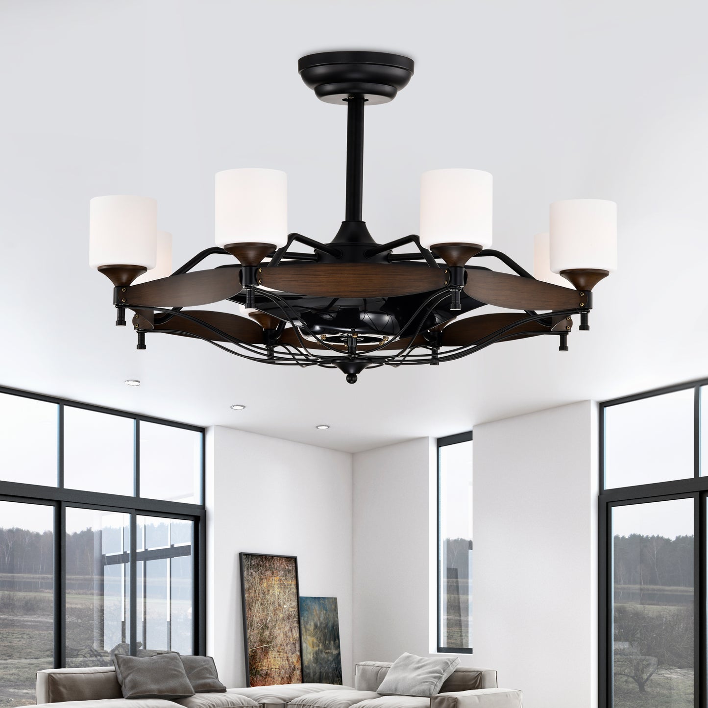 Sleek Matte Black Chandelier Fan with Remote Control