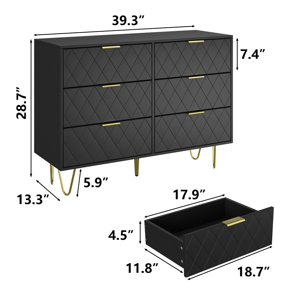 Sleek Black 6-Drawer Dresser with Gold Accents