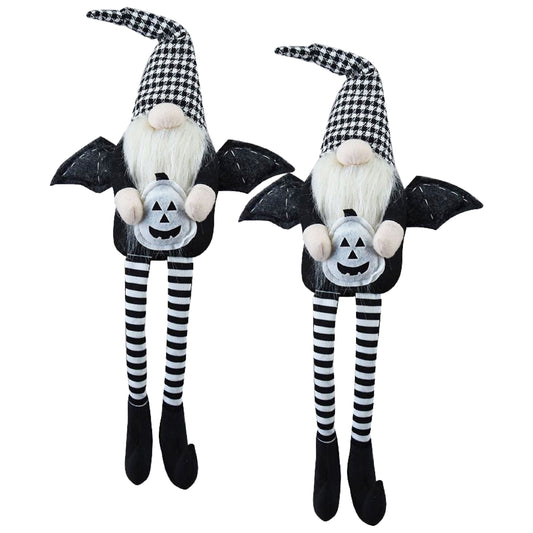 Whimsical Black Gnome Pair with Wings and Plaid Hats for Spooky Halloween Decor