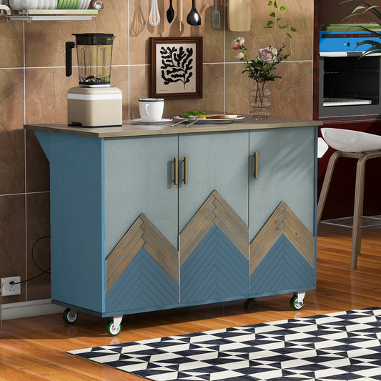 Navy Blue Retro Rolling Kitchen Island with Drop Leaf & Storage