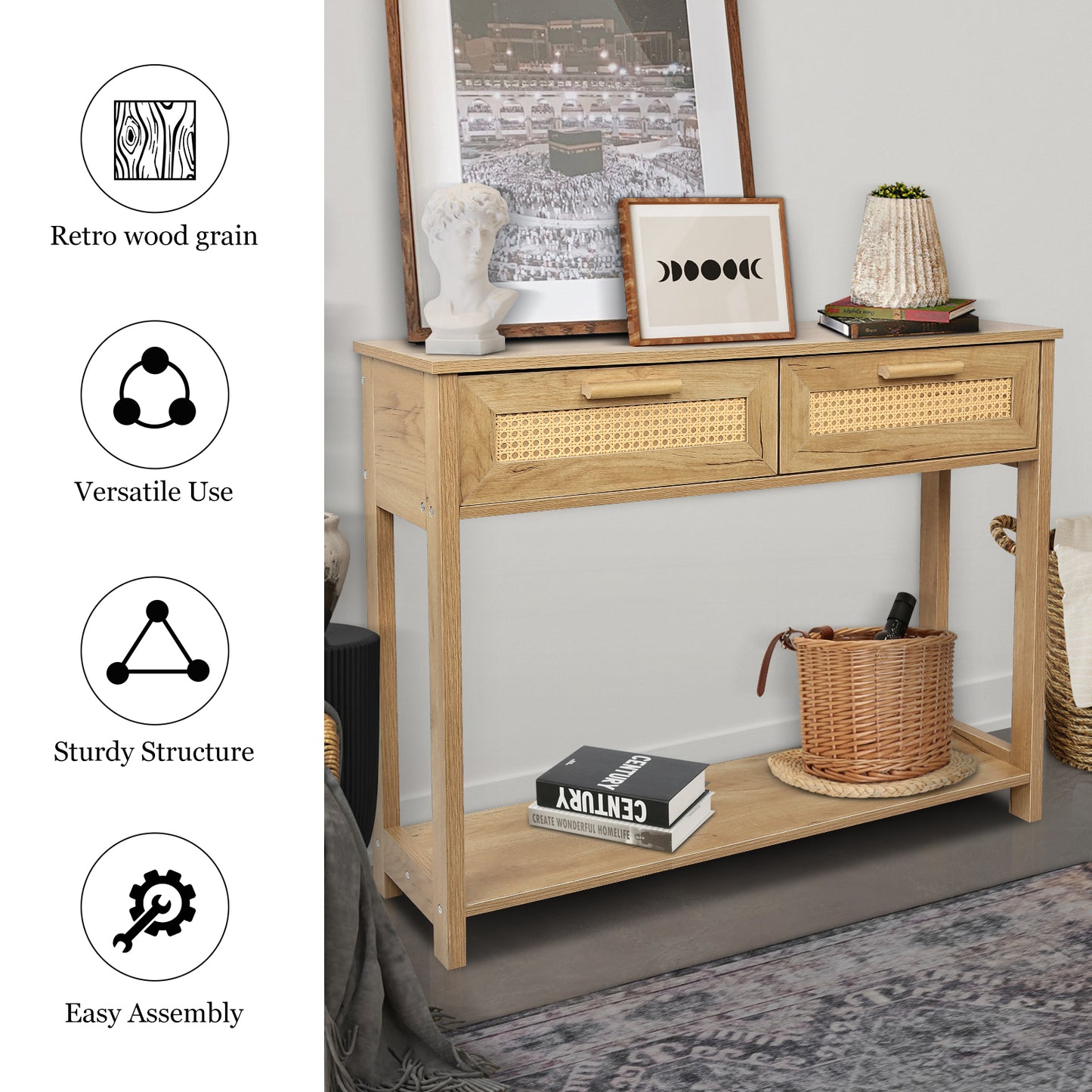 Chic Rattan Console Table with Storage