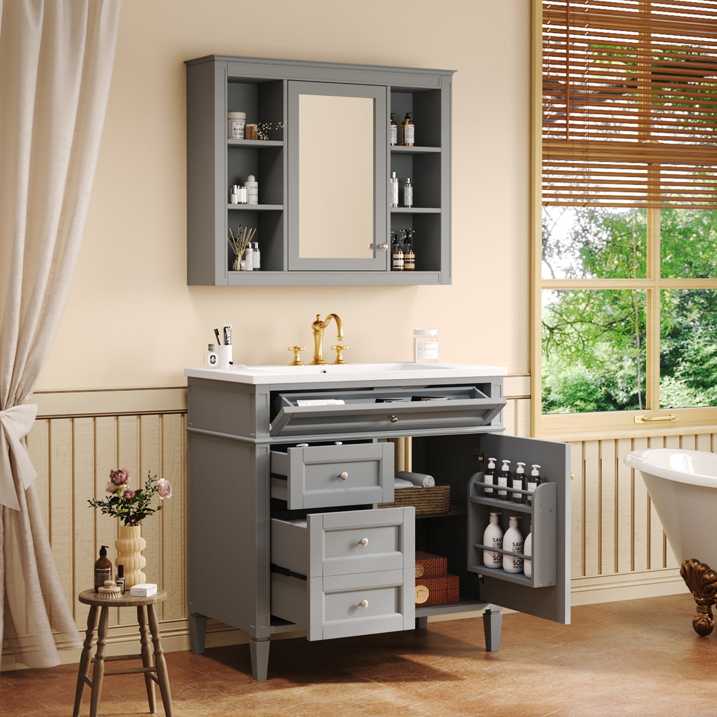 Royal Blue Modern Bathroom Vanity with Mirror and Storage