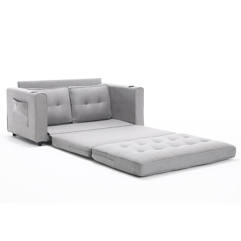 Cozy Convertible Futon Sofa Bed – Light Gray Loveseat with Side Pockets & Cup Holder