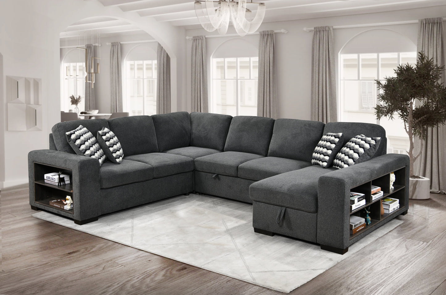 Cozy Modern U-Shaped Sectional Sofa with Storage and Pull-Out Bed - Dark Gray