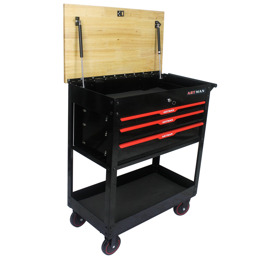 Rolling Tool Cart with Wooden Top and Storage Drawers