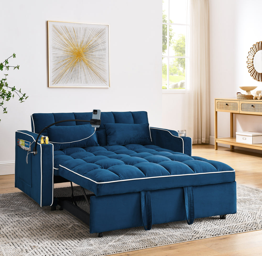 Blue Velvet Dream Sofa Bed: Foldable, Adjustable & USB-Ready