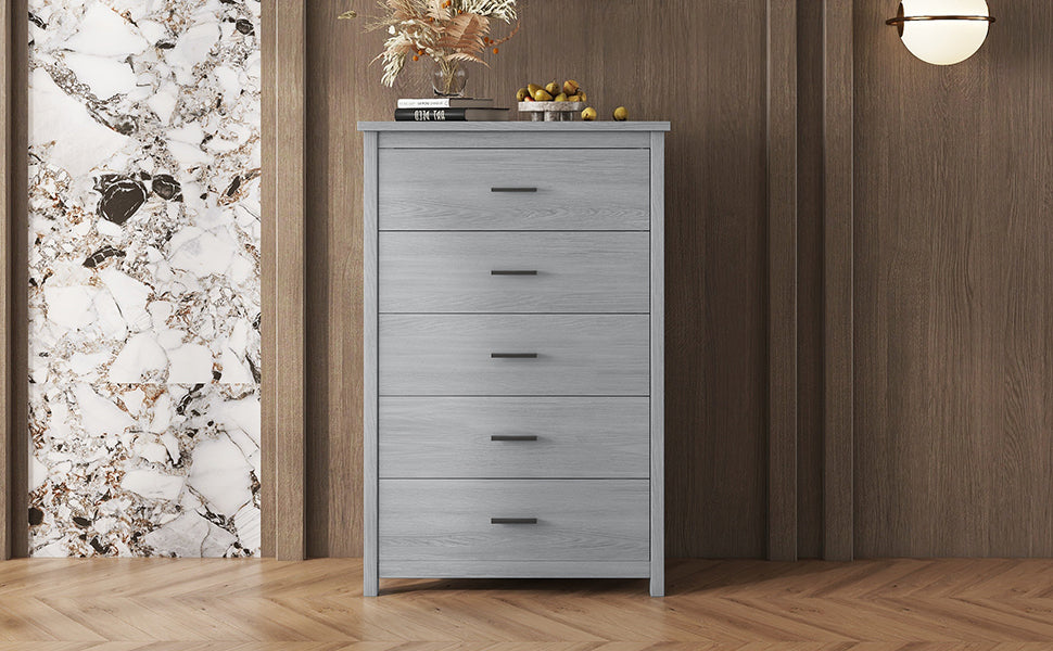 Rustic Charm Wooden Dresser with 5 Drawers in Light Gray