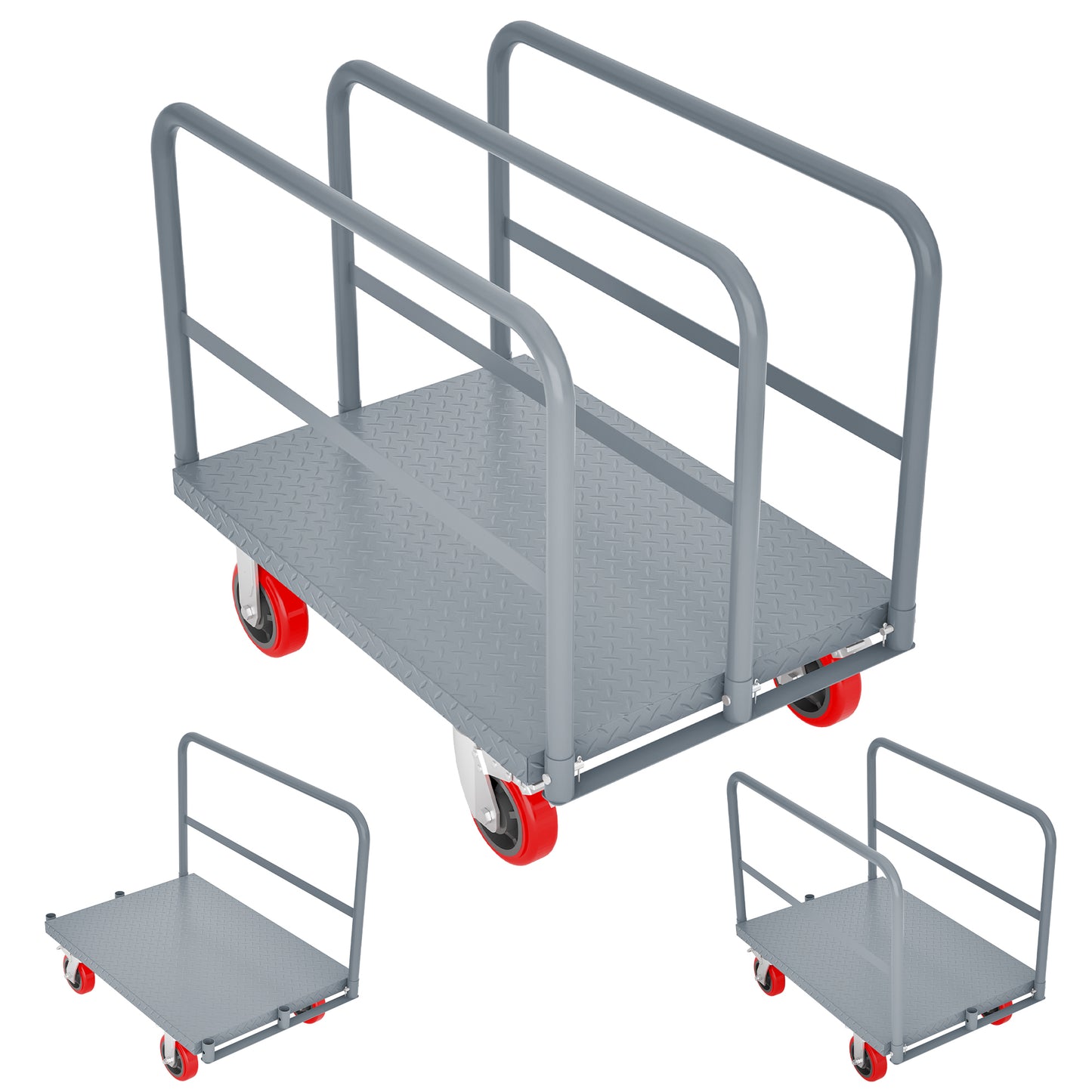 Sturdy Steel Flatbed Cart with Swivel Casters and Handrails