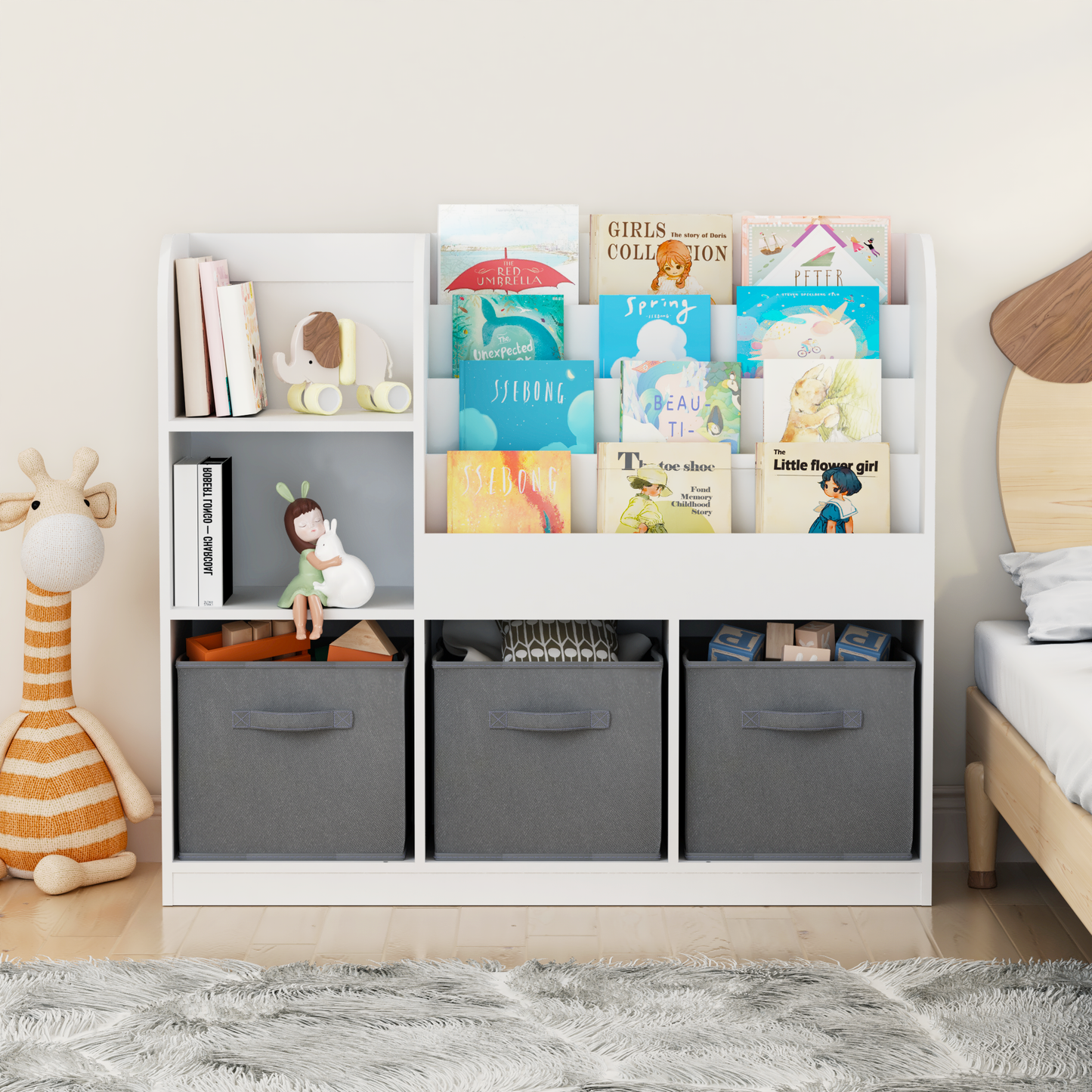 Playful Kids' Bookcase with Storage Bins