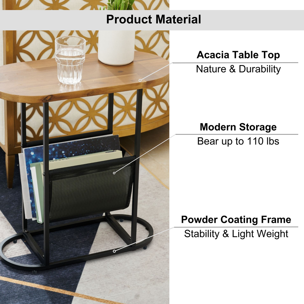 Chic Acacia Oval Side Tables with Magazine Storage