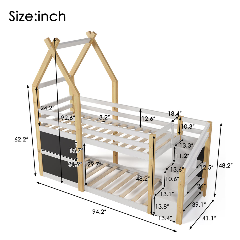 Cozy Twin House Bunk Bed with Storage Steps & 2 Fun Blackboards