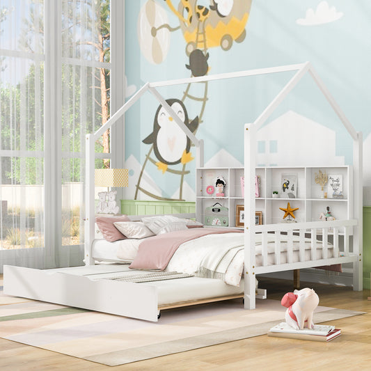 Cozy White House Bed with Trundle and Shelf for Kids