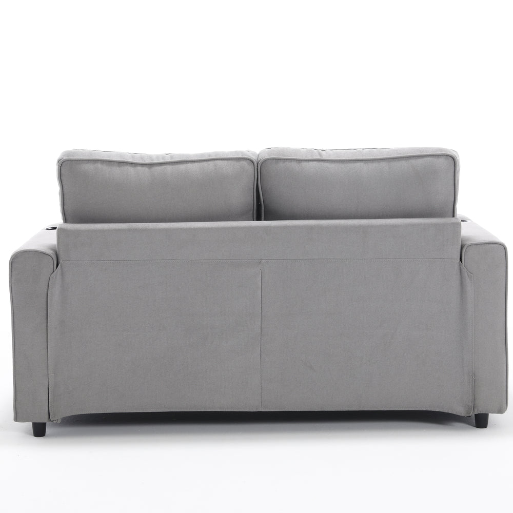 Cozy Convertible Futon Sofa Bed – Light Gray Loveseat with Side Pockets & Cup Holder