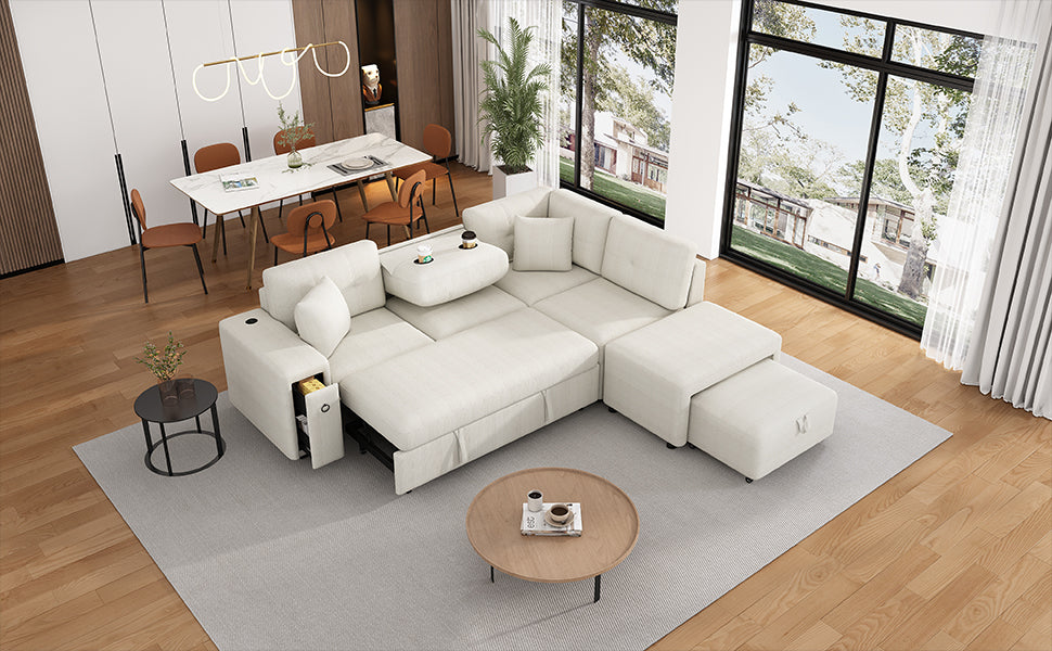 Haven L-Shaped Sofa Bed with Ottoman & USB Ports - Beige