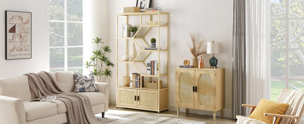 Natural Rattan Tall Bookshelf with Cabinet