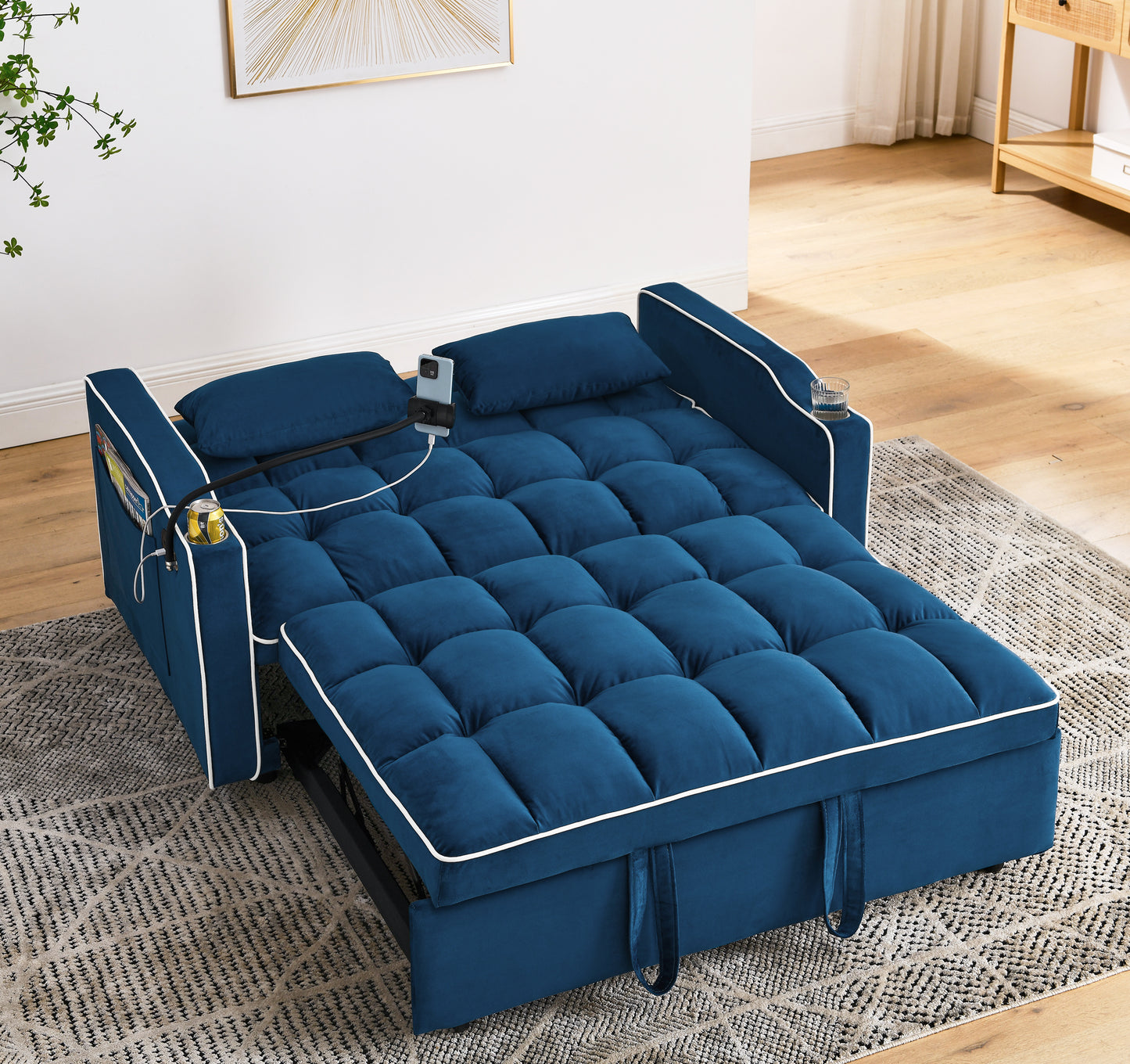 Blue Velvet Dream Sofa Bed: Foldable, Adjustable & USB-Ready